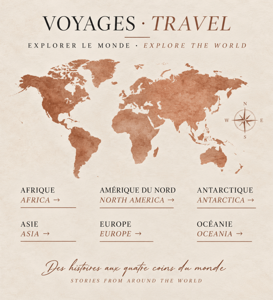 Voyages · Travel — Explorer le monde · Explore the world : Afrique, Amérique du Nord, Antarctique, Asie, Europe et Océanie